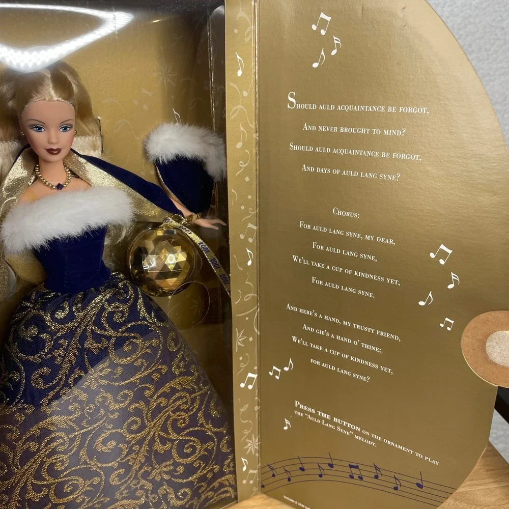 Mattel 2001 Ring In The New Year Barbie Doll Musical Ornament Blue Gold NIB